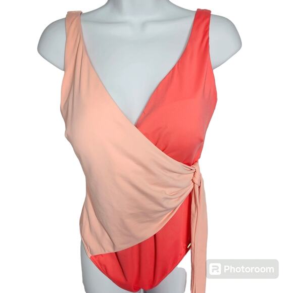 Vince Camuto Surplice Wrap Tie One Piece Swimsuit Women's 14 Coral Colorblock - Picture 2 of 13